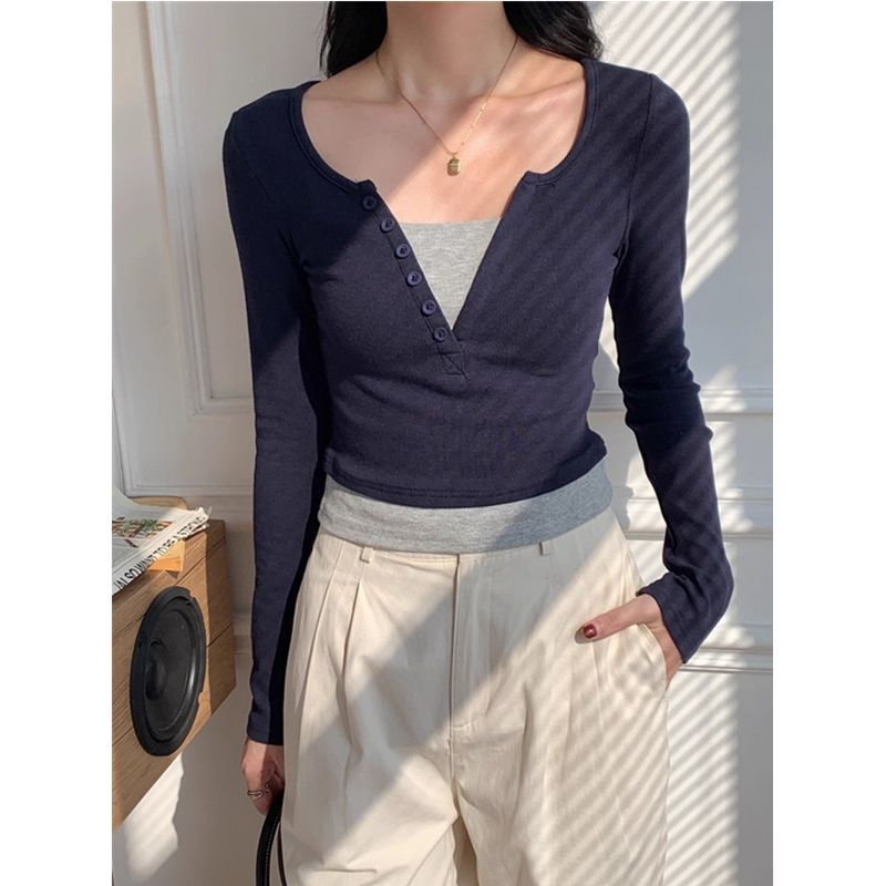 Damen Langärmliges Baumwollshirt Mit Knöpfen Weiß
