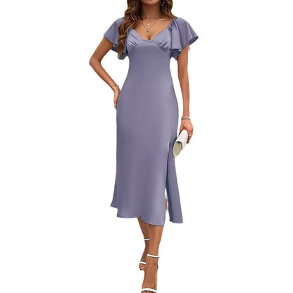 Damen Maxikleid Voluminöse Rüschenärmel Seitlicher Schlitz Norvielle