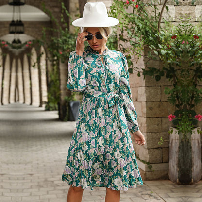 Damen Blumenkleid Midi mit Taillenband und Kragen