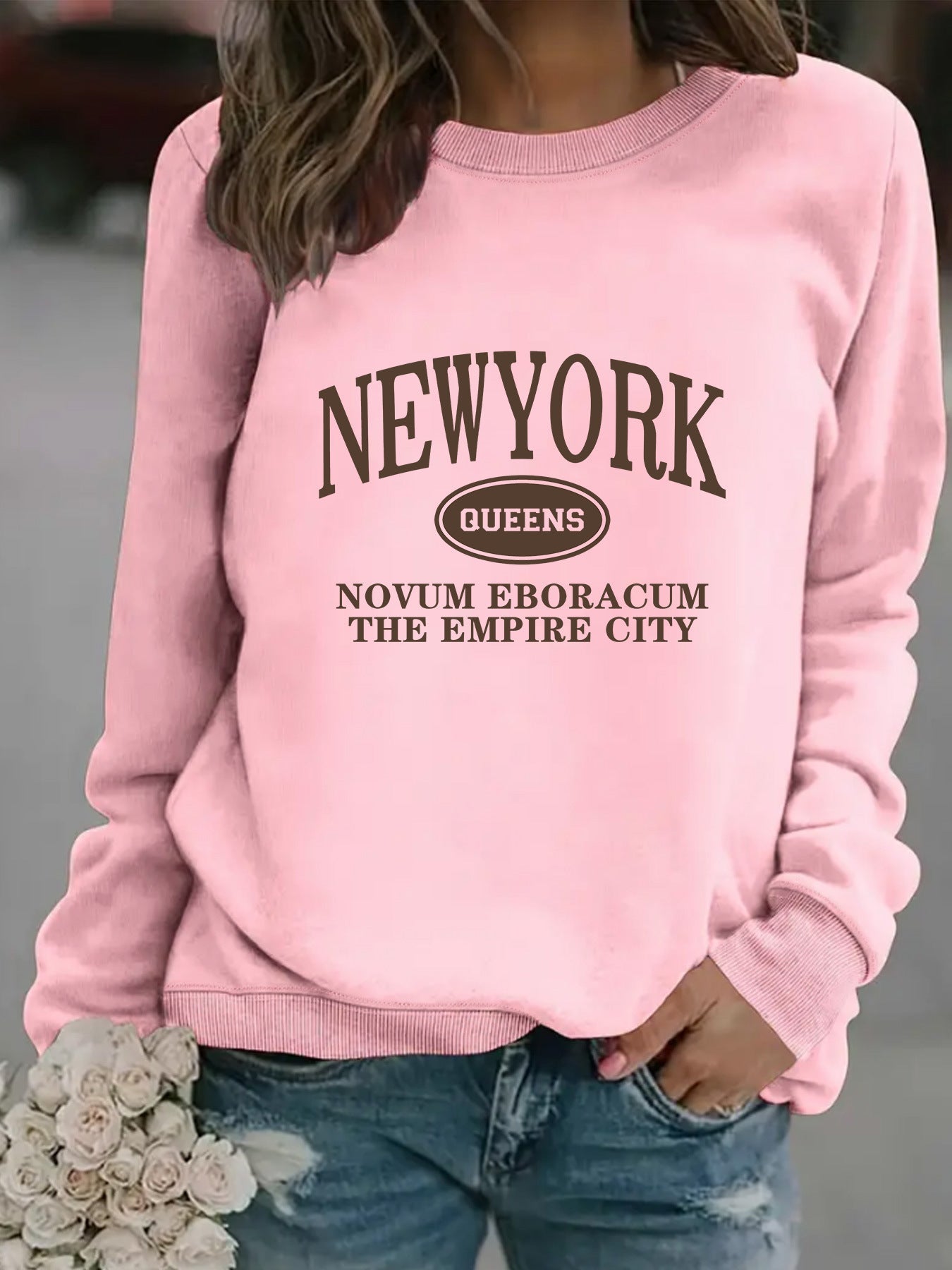 Damen Sweatshirt New Yorker Schriftzug Baumwolle Weiß