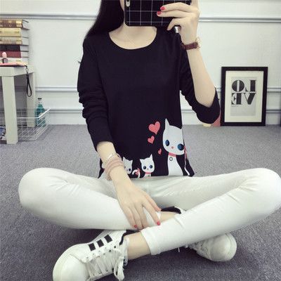 Damen Langarm-T-Shirt Katzenmotiv Baumwolle Weiß - Norvielle