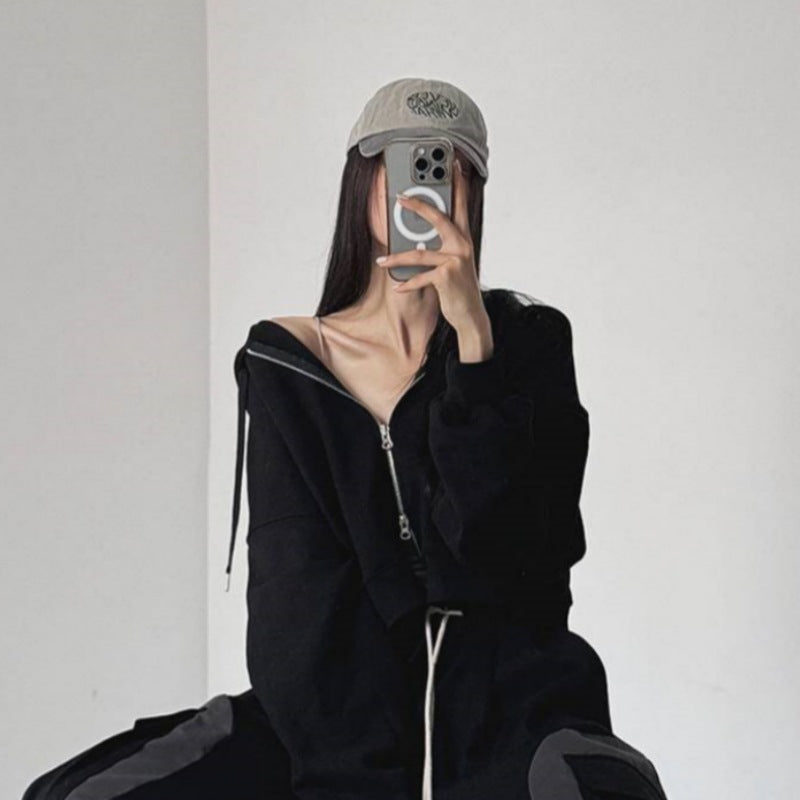 Damen Cropped Kapuzenjacke Elastisch Reißverschluss