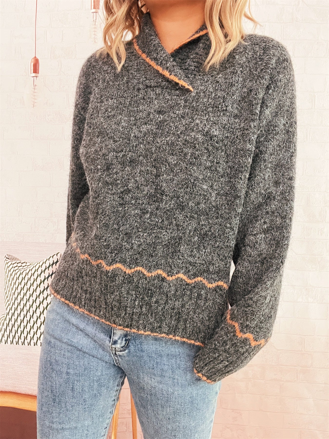 Damen Strickpullover Kuschelig Wellenrand Beige