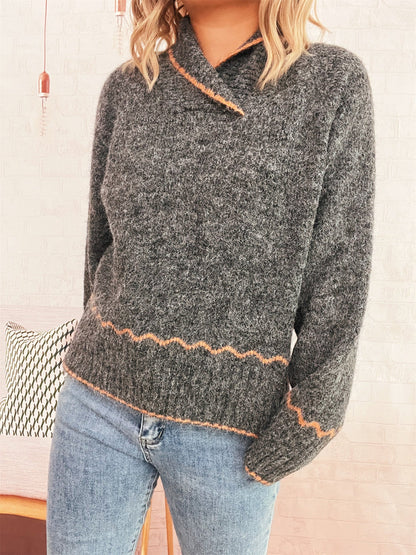 Damen Strickpullover Kuschelig Wellenrand Beige