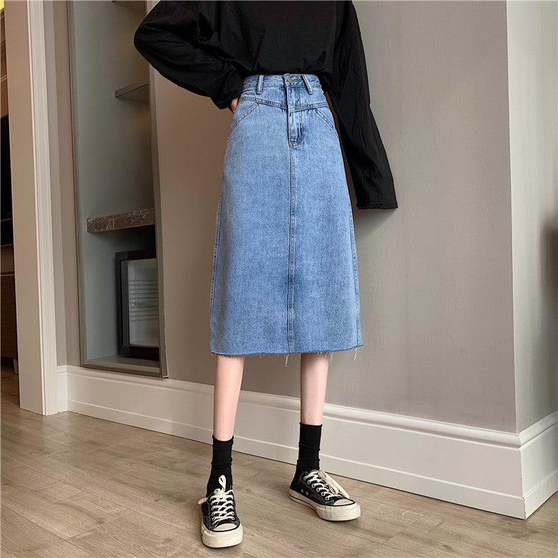 Damen Denimrock Midi unregelmäßiger Saum Blau - Norvielle