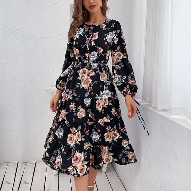 Damen Midi-Kleid Floralmuster Elastisch Schwarz - Norvielle
