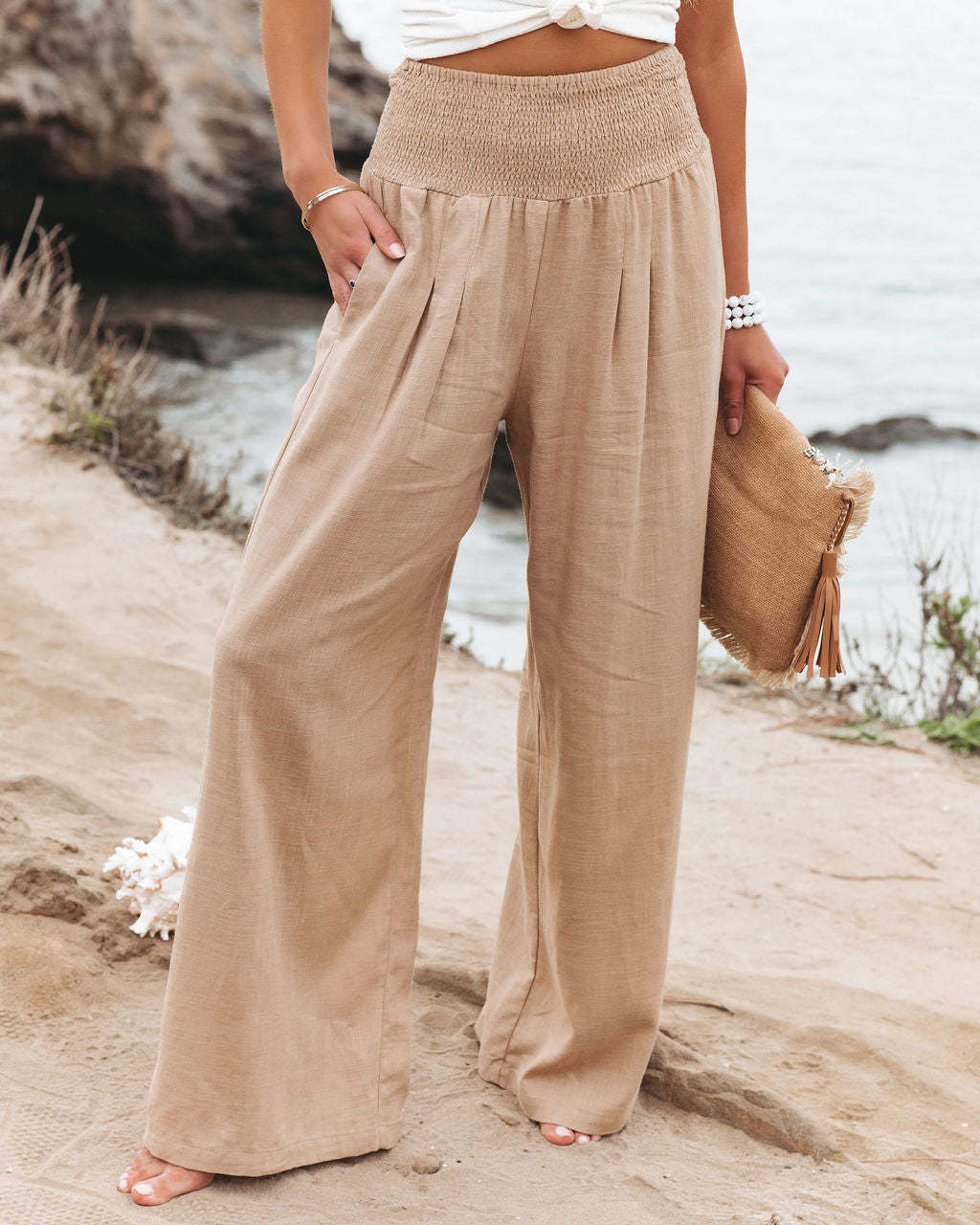 Damen Palazzo-Hose Elastischer Bund Seitentaschen