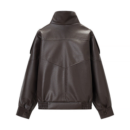 Damen Kunstlederjacke Hochkragen Praktische Taschen