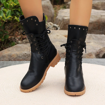 Damen Stiefel Mittellang Kunstleder Schnürung Blockabsatz