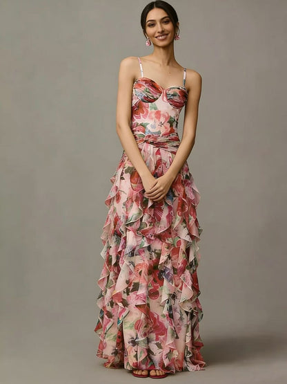 Damen Maxikleid Trägerlos Floralmuster Rüschen