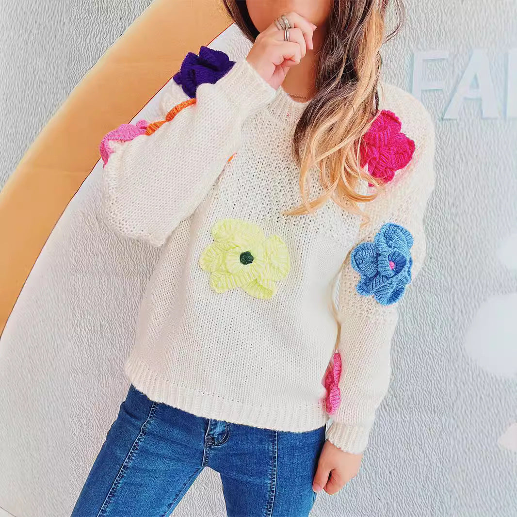 Damen Pullover Bunt Blumenapplikationen