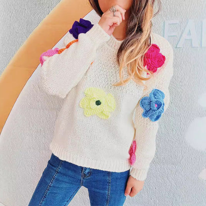 Damen Pullover Bunt Blumenapplikationen