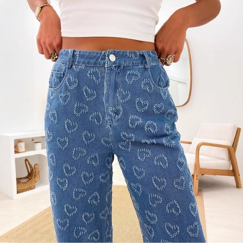 Damen Weite Jeanshose Florales Muster