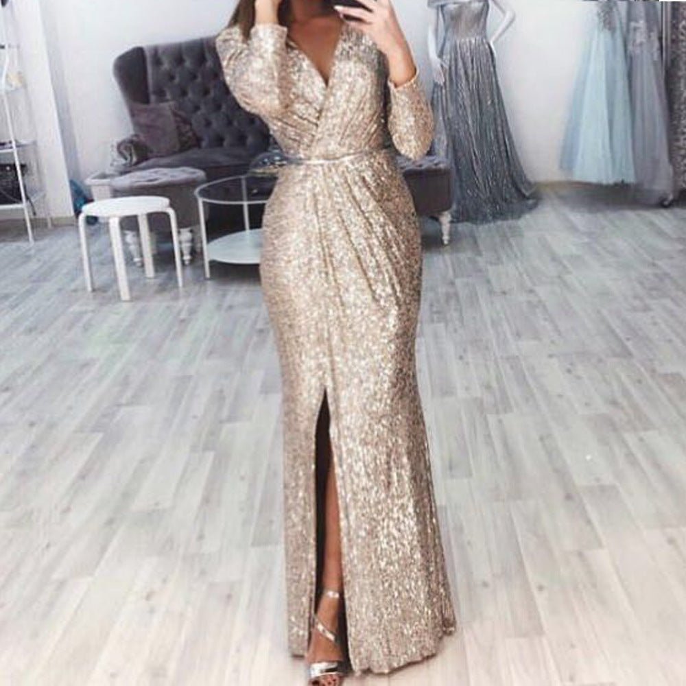 Damen Abendkleid Lang Wickelschnitt Schlitz Norvielle