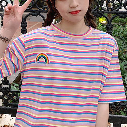 Damen T-Shirt Streifen Regenbogen-Patch Bunt - Norvielle