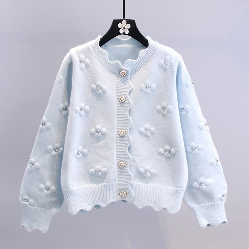 Damen Strickjacke Kuschelig Blumenapplikationen Norvielle