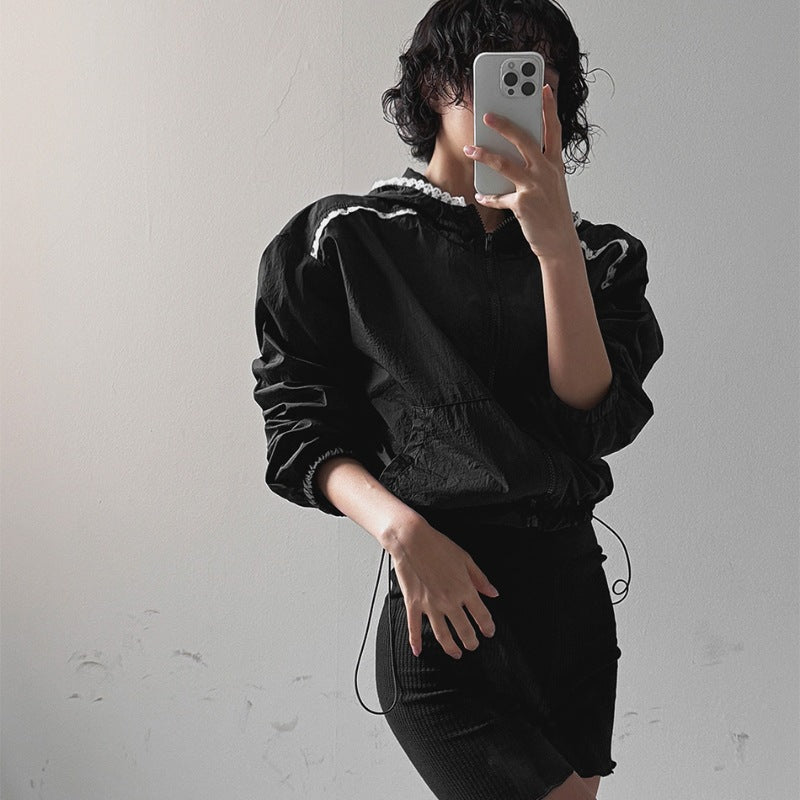 Damen Cropped Jacke Verstellbarer Kapuzenkragen Norvielle