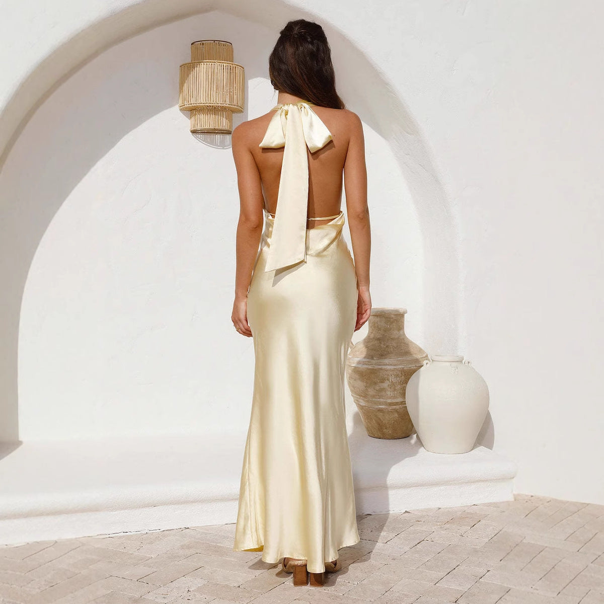 Damen Satin Maxikleid V-Ausschnitt Schwingender Schnitt