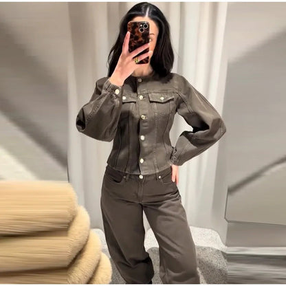 Damen Jeansjacke Puffärmel Knopfdetails