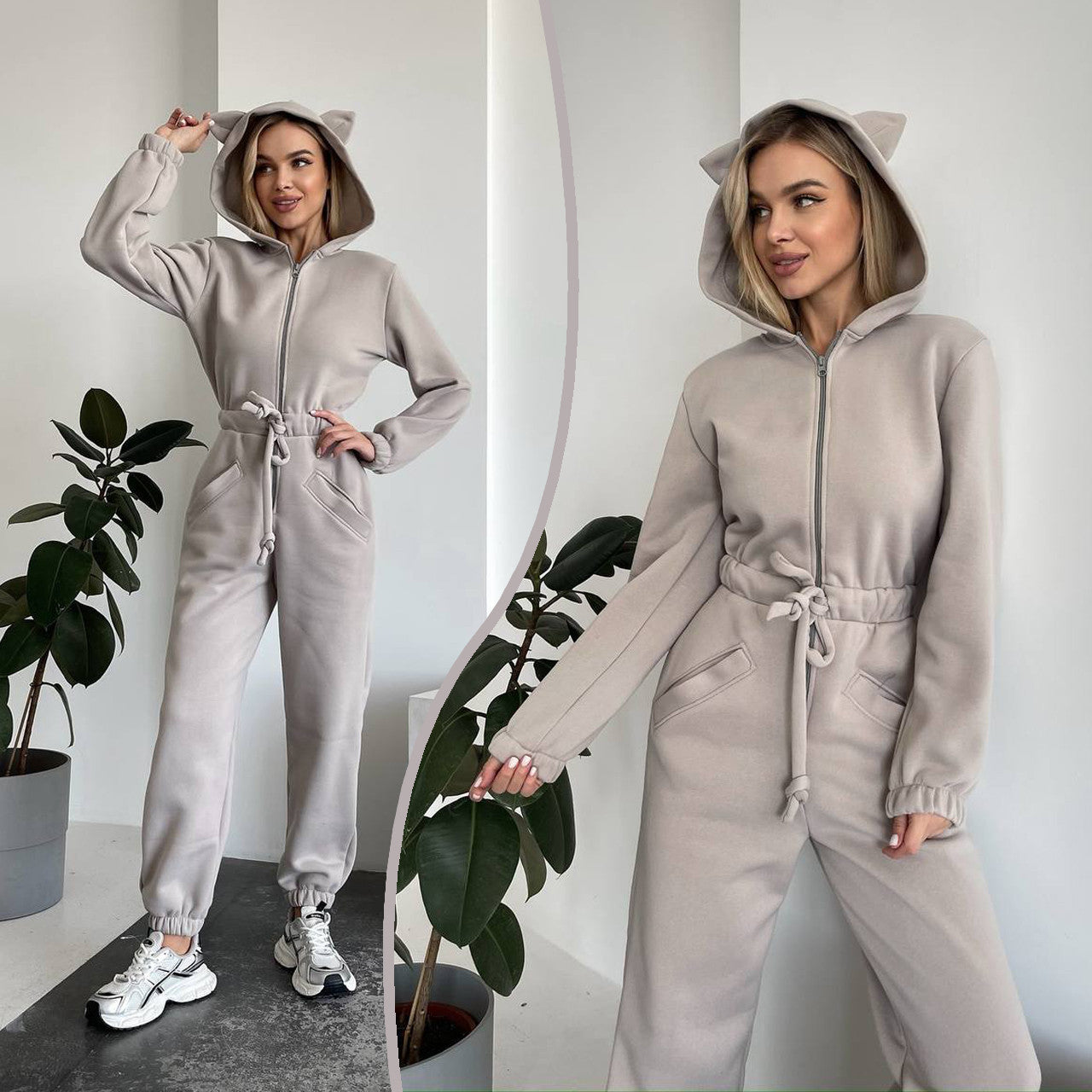 Damen Jumpsuit Kuschelig Känguru-Taschen Tierohren Norvielle