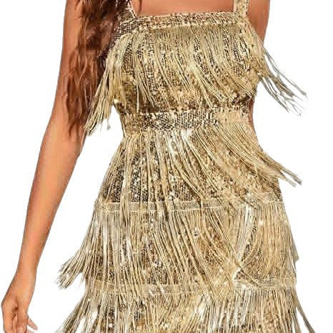 Damen Minikleid mit Fransen und Paillettenbesatz Schulterfrei