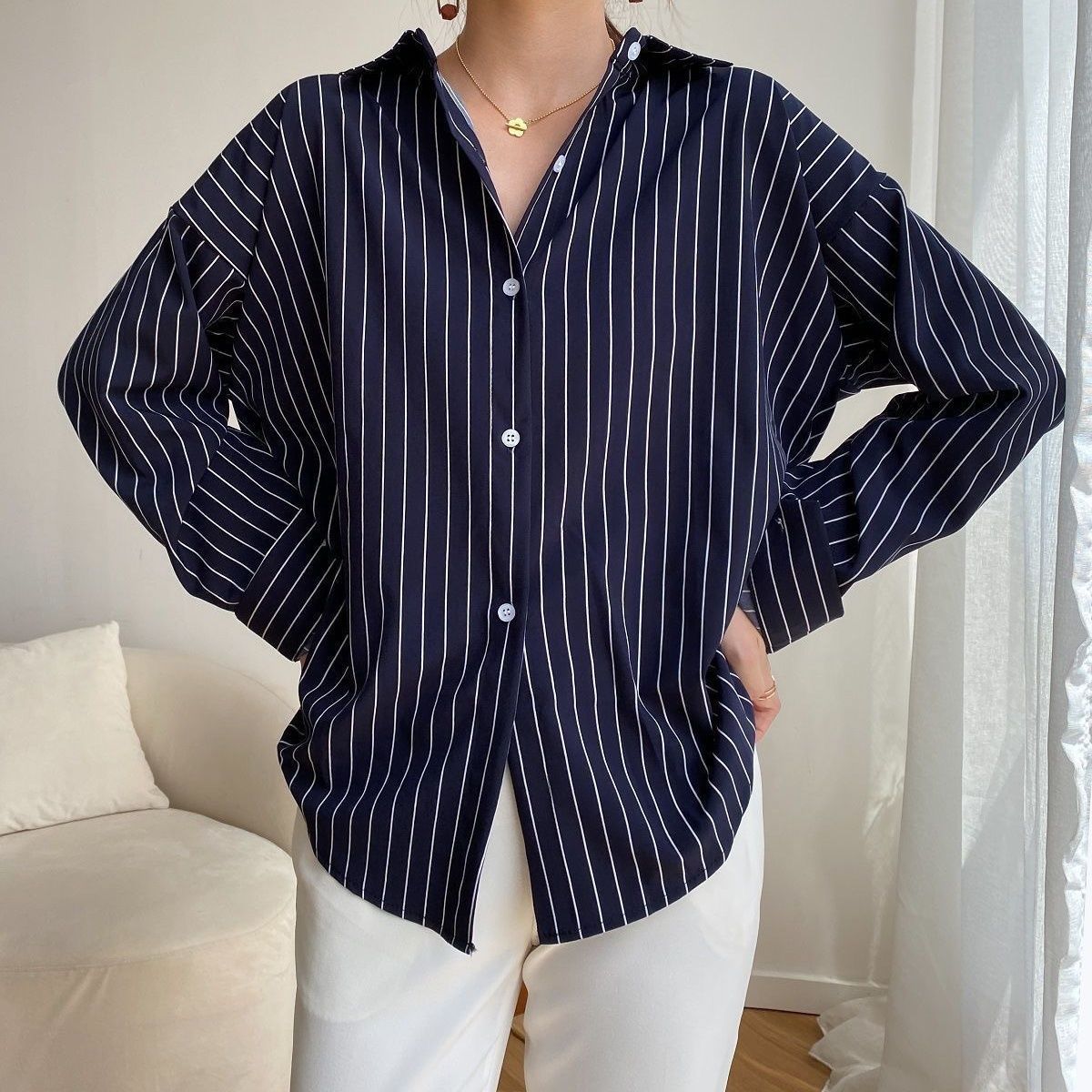 Damen Klassische Hemdbluse Streifenoptik Weiß - Norvielle