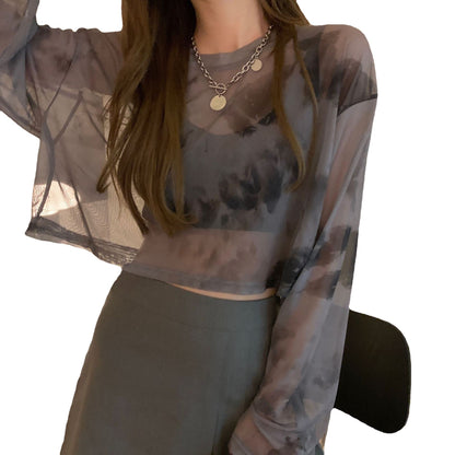 Damen Cropped Sweatshirt Batikdesign Weite Ärmel Rundhalsausschnitt