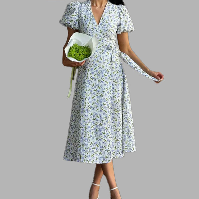 Damen Wickelkleid mit Puffärmeln und Blumenmuster