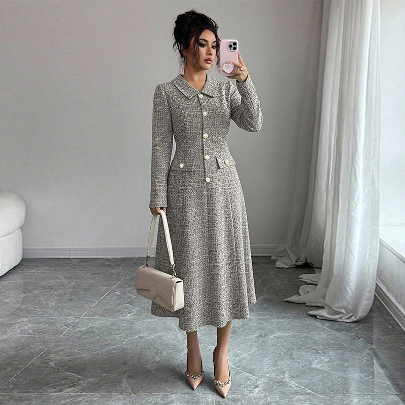 Damen Tweed-Kleid Klassisch Elegantes Mit Taschen Norvielle