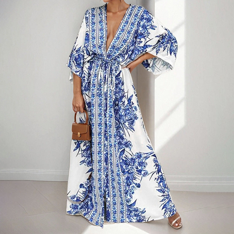 Damen Maxikleid Fließend Florales Design Weite Ärmel Norvielle