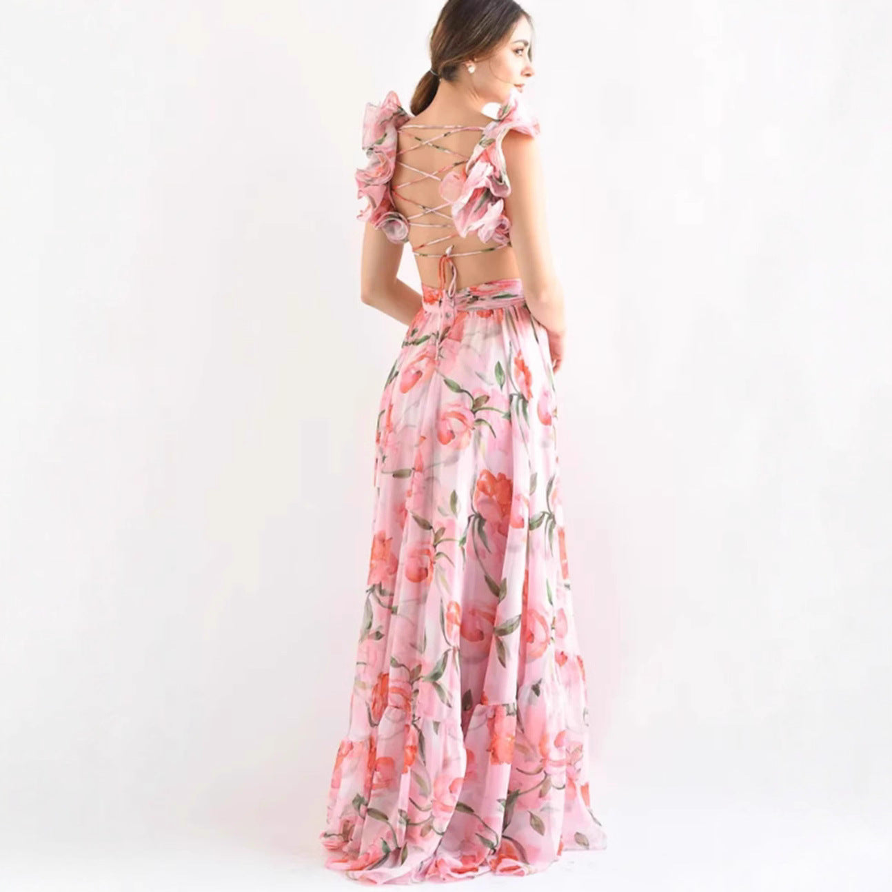 Damen Maxikleid Blumenmuster Rüschen Details Norvielle