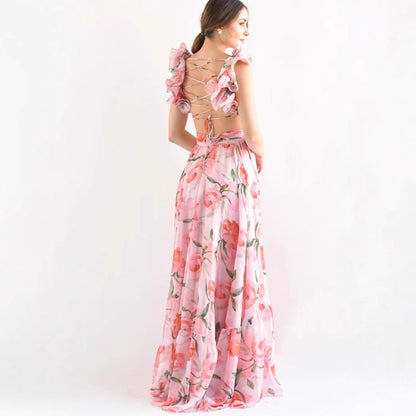 Damen Maxikleid Blumenmuster Rüschen Details Norvielle