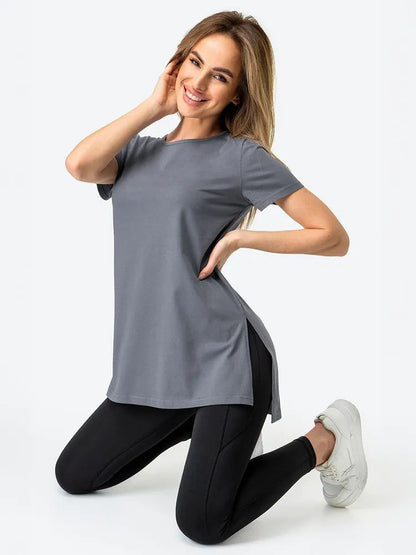 Damen Longline T-Shirt mit Schlitzen Hochwertig Bequem Weiß