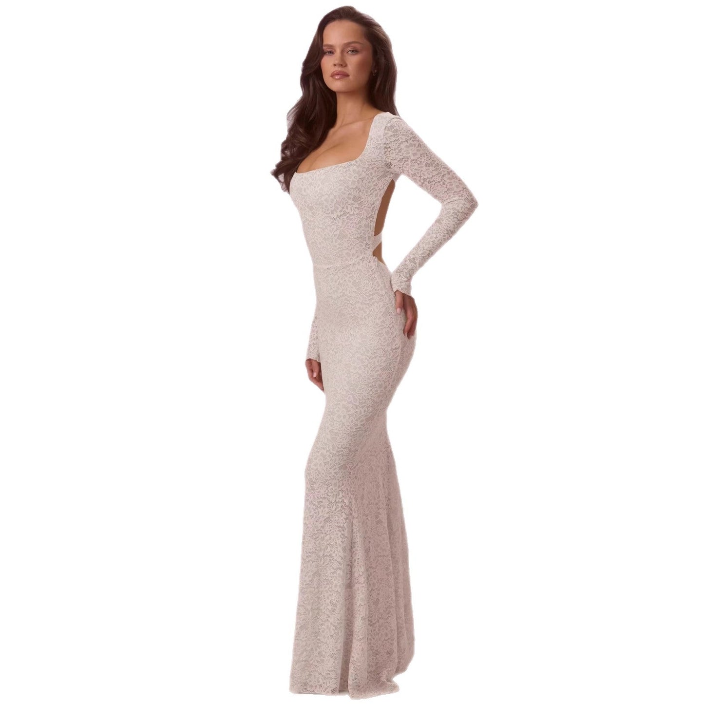 Damen Maxikleid Spitze Tailliert Langarm