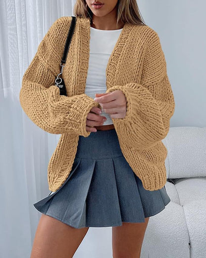 Damen Strick-Cardigan Weich Voluminöse Ärmel Offene Front Beige