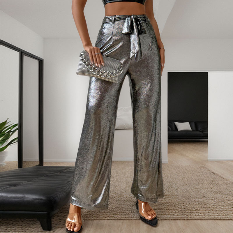 Damen Palazzo-Hose Hochtaillen Glänzend mit Bindegürtel