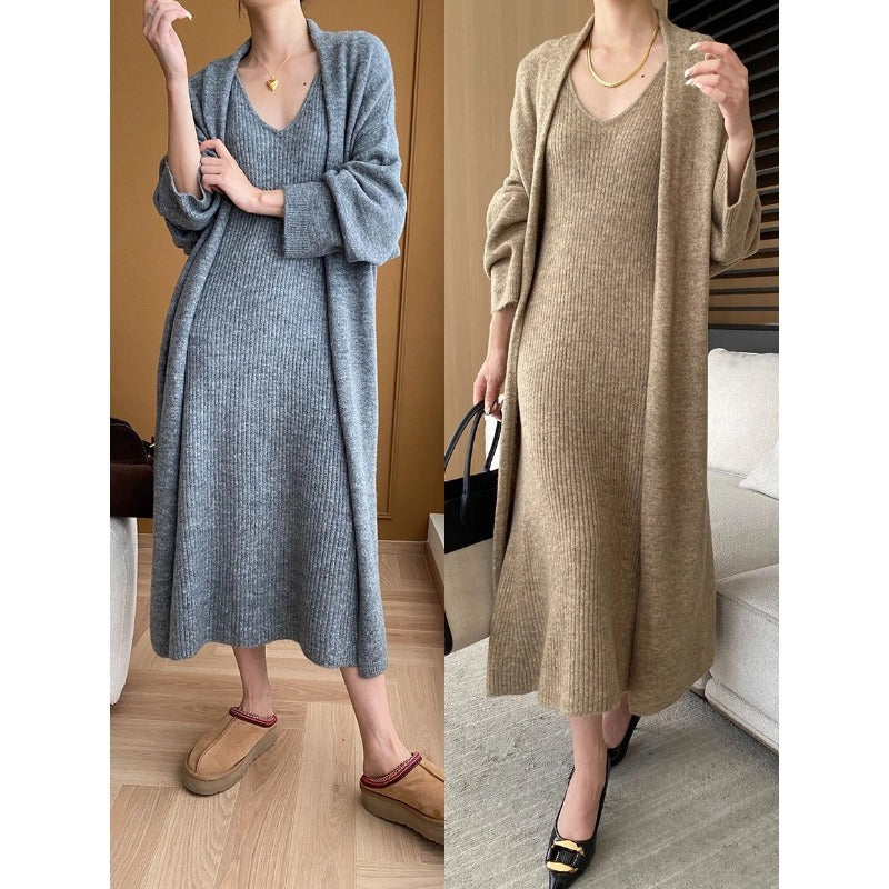 Damen Maxikleid Strick V-Ausschnitt Lässige Jacke Beige