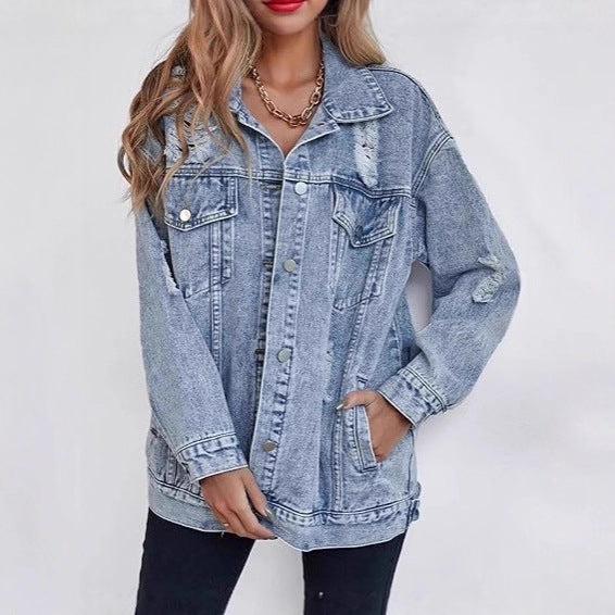 Damen Oversized Denimjacke Ripped Details