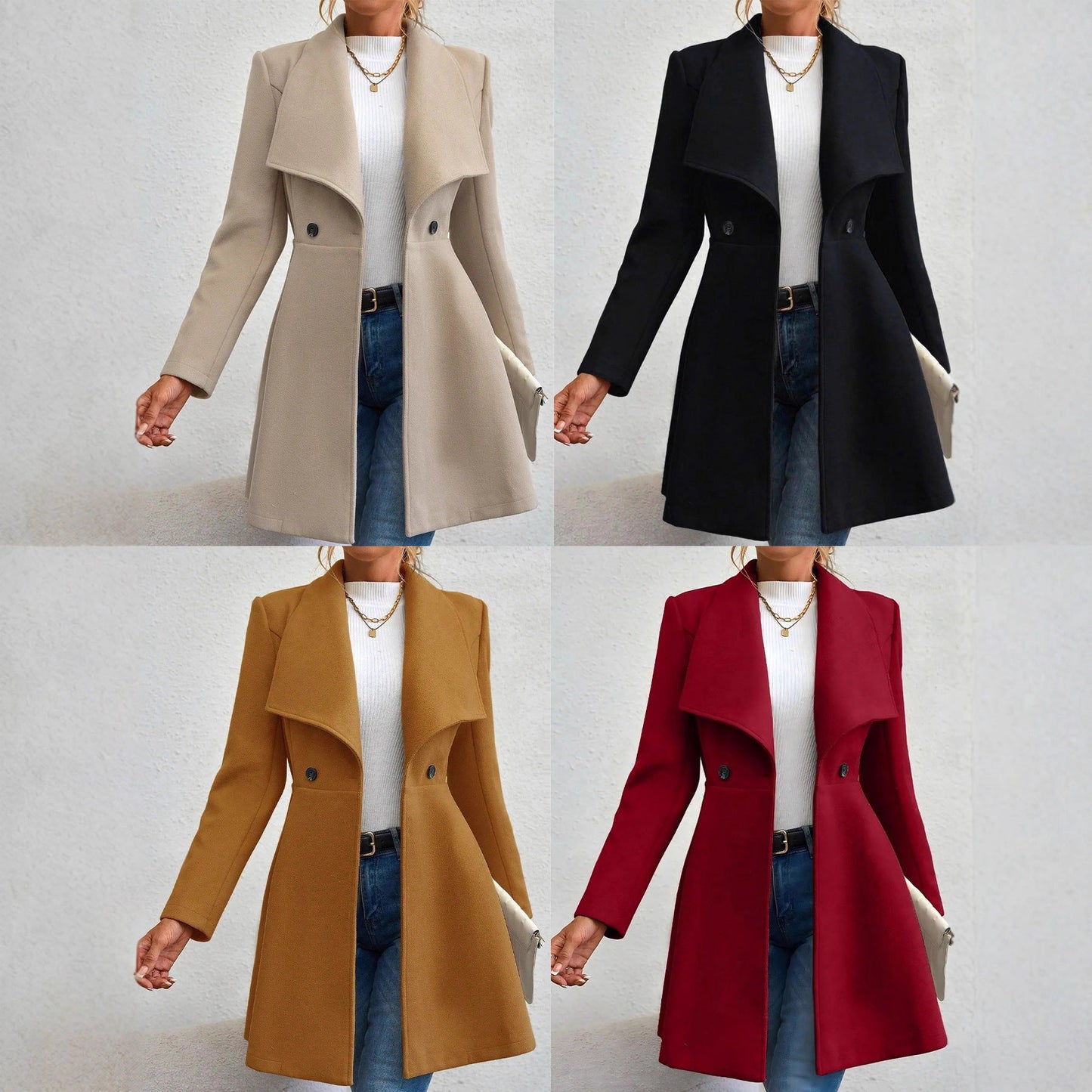Damen Wollmantel Elegantes Design Doppelter Knopfleiste Schwarz - Norvielle