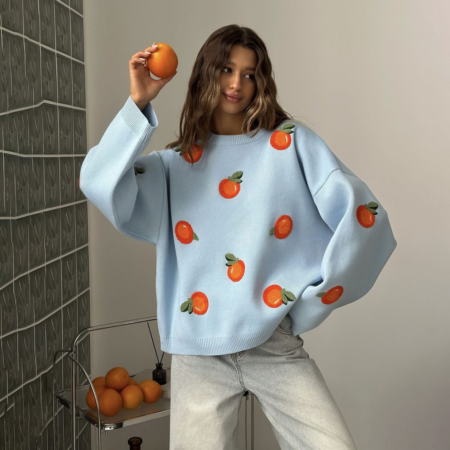 Damen Oversized Pullover Bunt Stickdetails