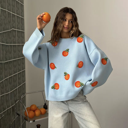 Damen Oversized Pullover Bunt Stickdetails