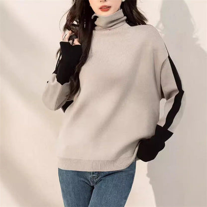 Damen Oversized Pullover Rollkragen Kontrastärmel Norvielle - Norvielle
