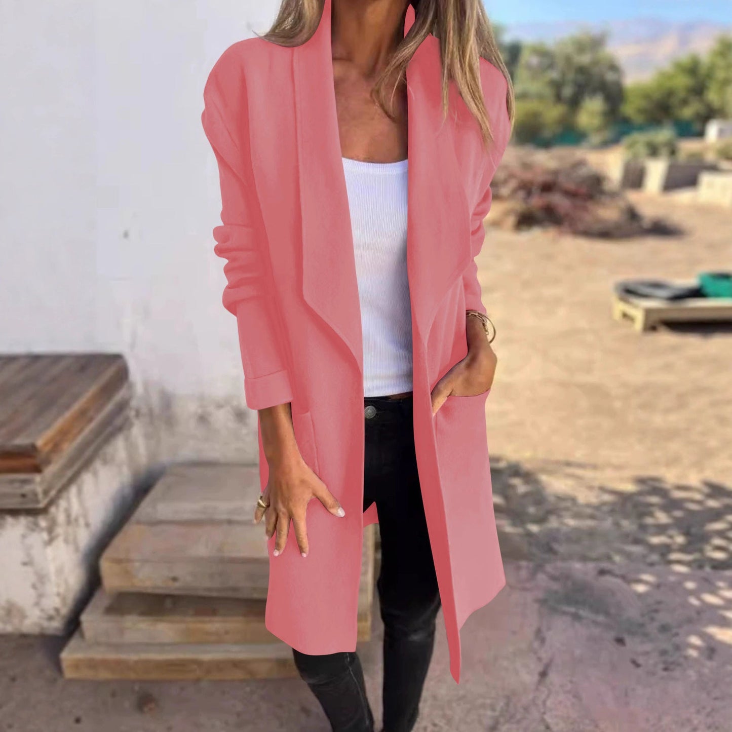 Damen Oversized-Mantel mit Eingrifftaschen Offener Kragen