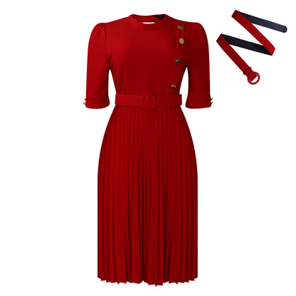 Damen Plissee-Kleid Tailliert Knopfdetails