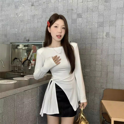 Damen Langarmshirt Rundhalsausschnitt mit Schlitzen Norvielle