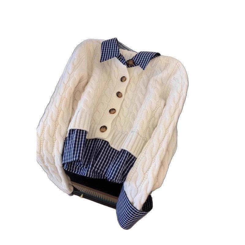 Damen Strickjacke Karostoffkragen Knöpfe Norvielle