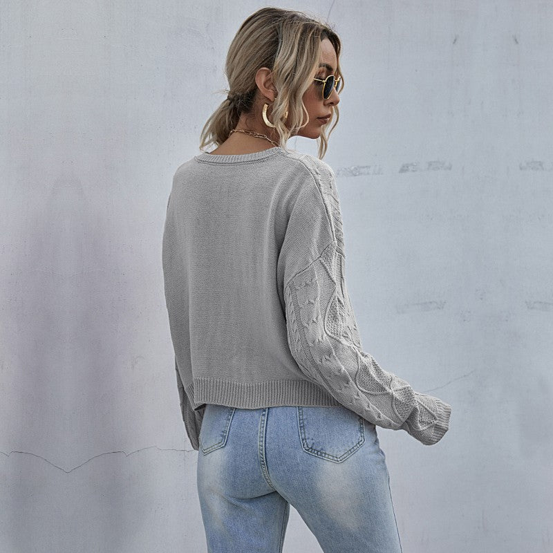 Damen Pullover Strukturiertes Zopfmuster Weich Grau