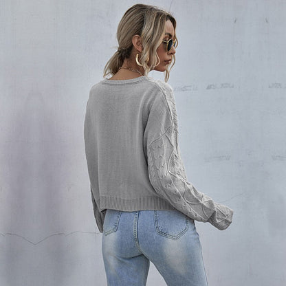 Damen Pullover Strukturiertes Zopfmuster Weich Grau