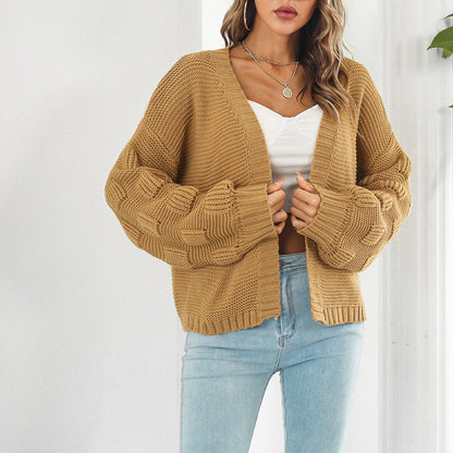 Damen Strickjacke Voluminöse Ärmel Strukturiert Anthrazit