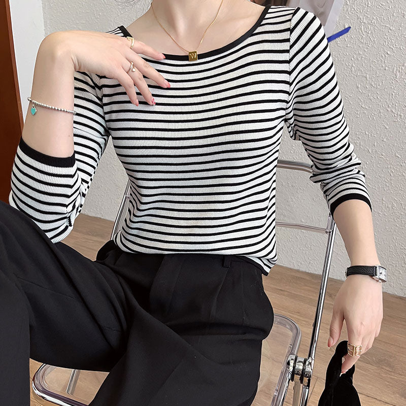 Damen Langarmshirt Maritimes Streifenmuster Weiter Rundhals